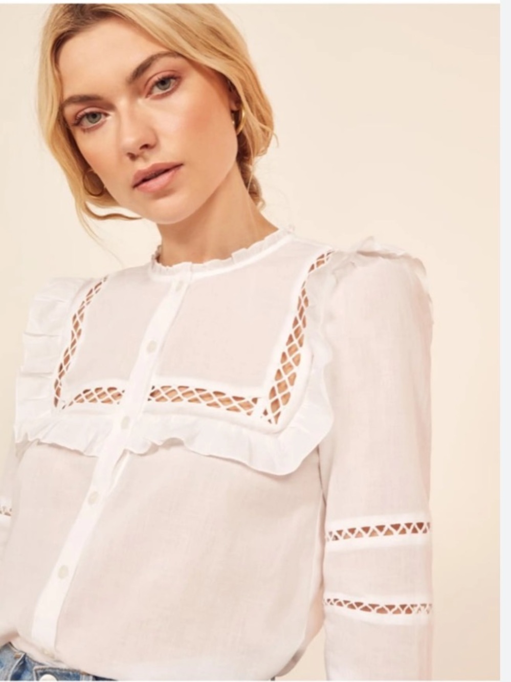 Reformation Cream Ruffle Lace-Trim Button Front Blouse